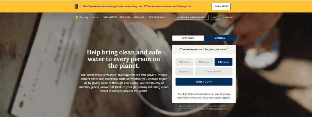 The homepage of a website optimized for donation page.