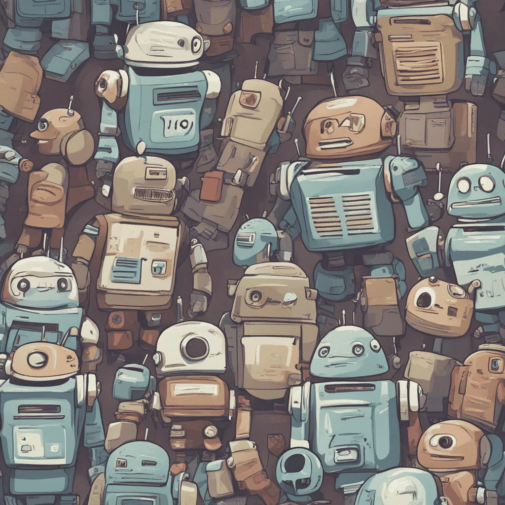 A group of robots on a brown background.