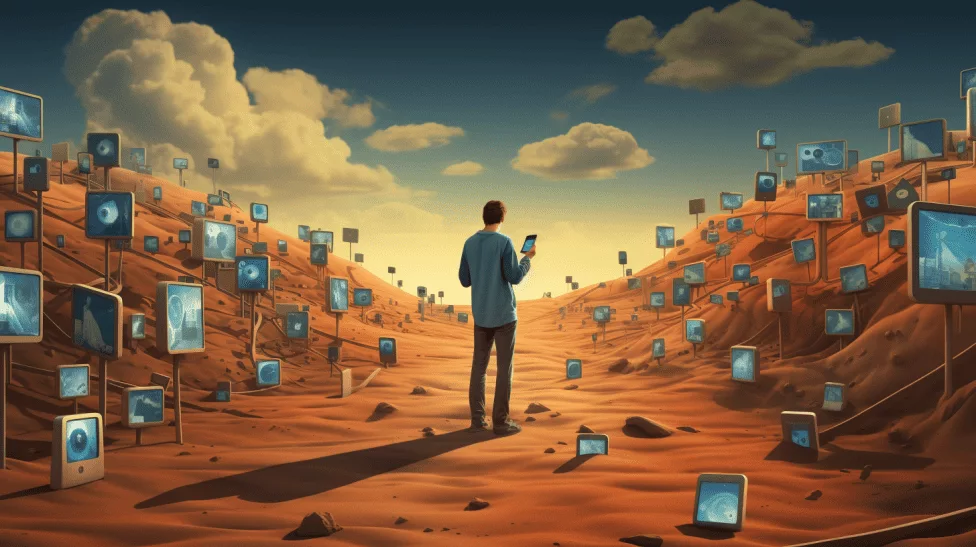 A man surrounded by electronic devices in a desert, examining social media algorithms.
