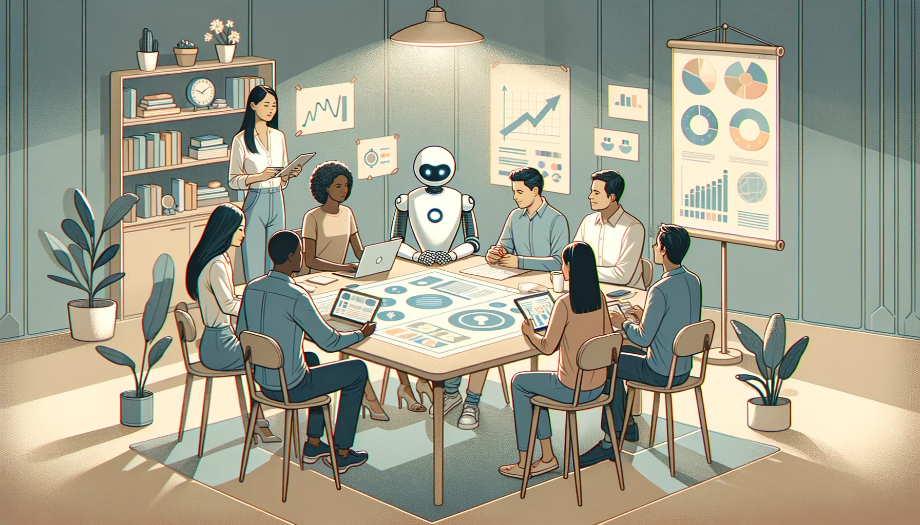 A group of people sitting around a table with a robot.