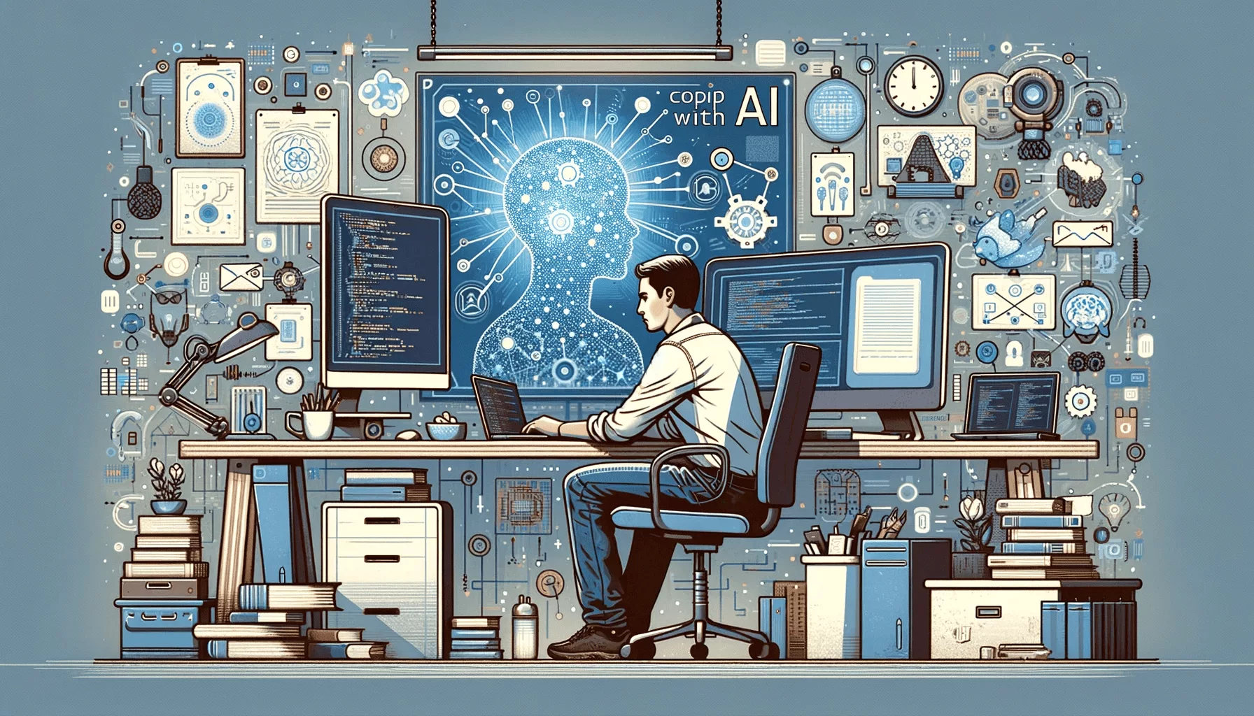 A man is sitting at a desk with a computer in front of him, coping with AI.